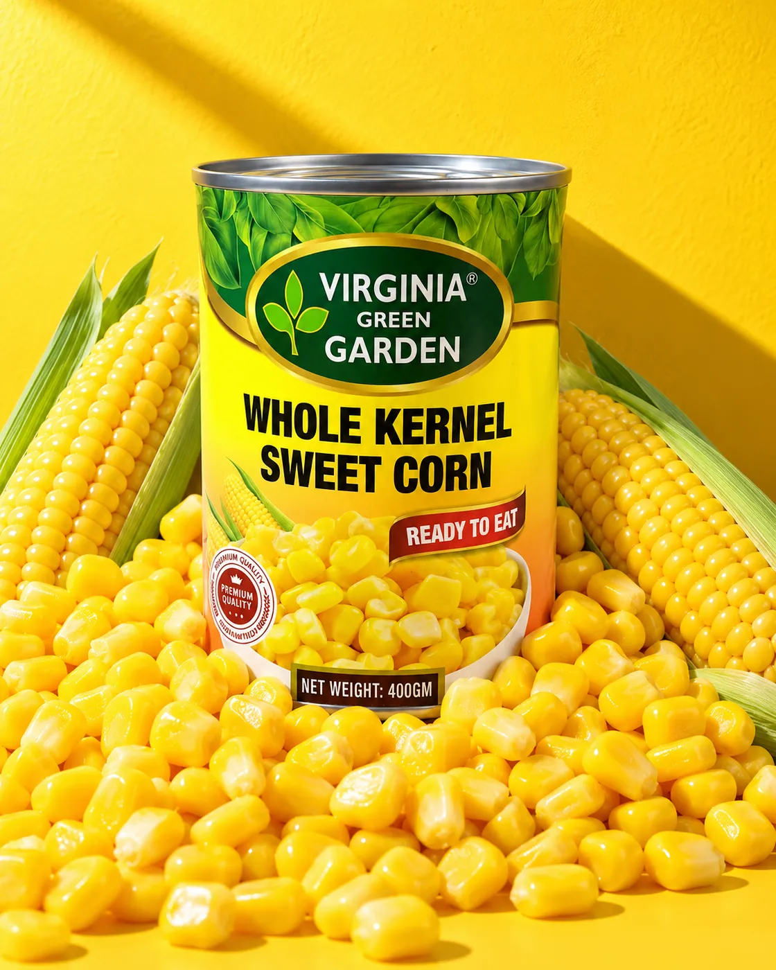 A tin of Virginia Green Garden whole kernel sweet corn on a bed of corn